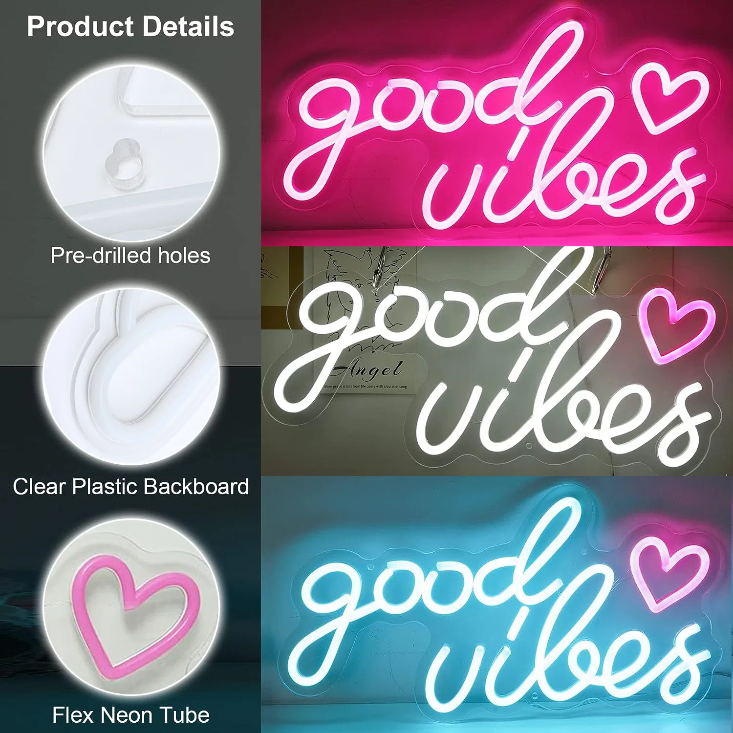 картинка Неоновая вывеска Good Vibes с сердцем lapalife, Белый от магазина Одежда+