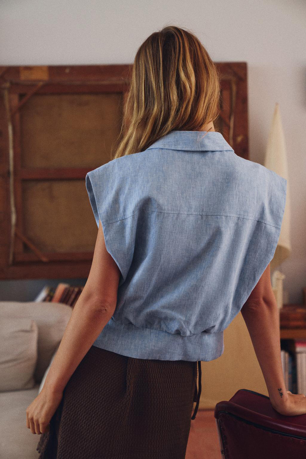 картинка Рубашка Zara Linen Blend Sleeveless, синий от магазина Одежда+