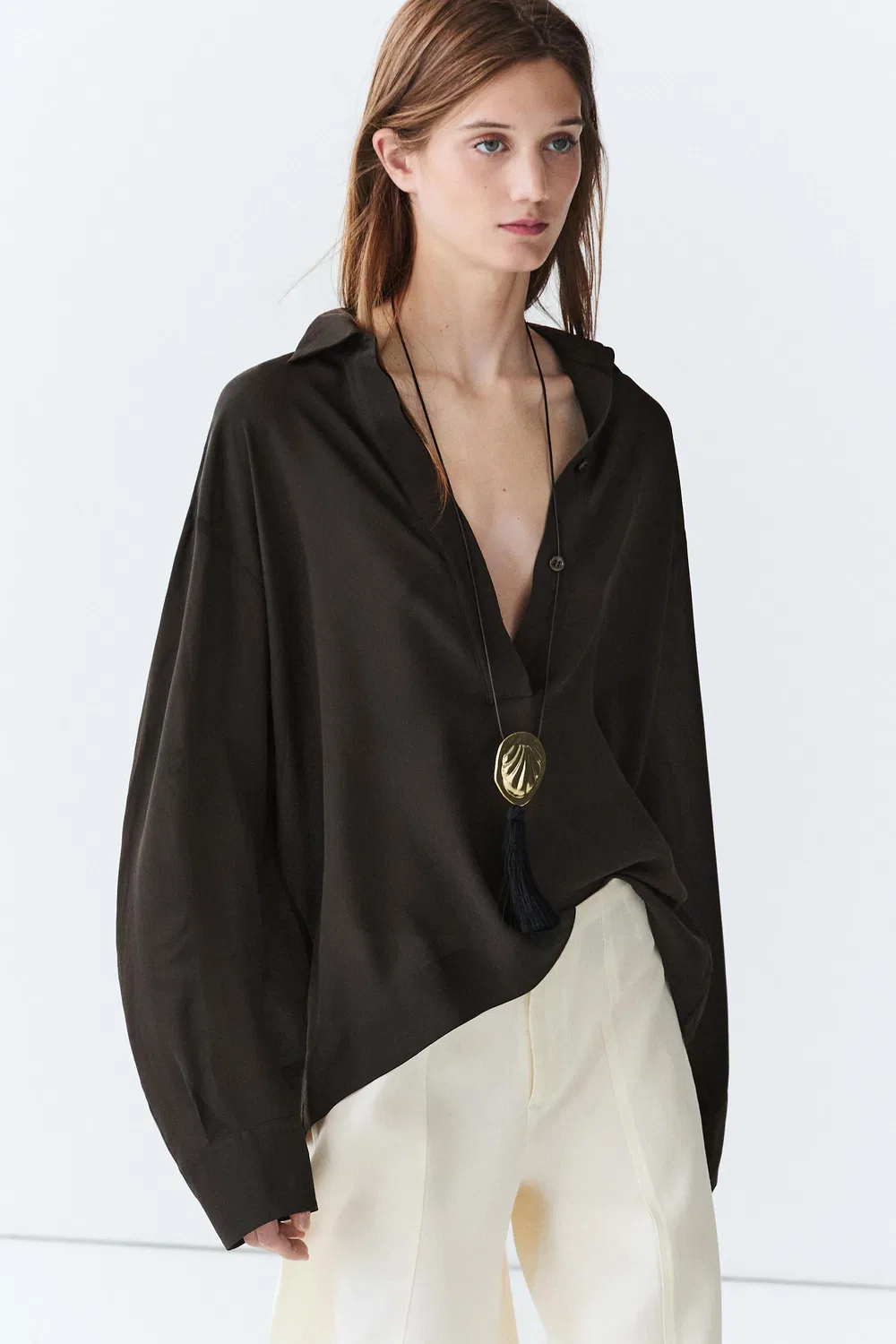 картинка Рубашка Massimo Dutti Flowing Button-Up, шоколадный от магазина Одежда+