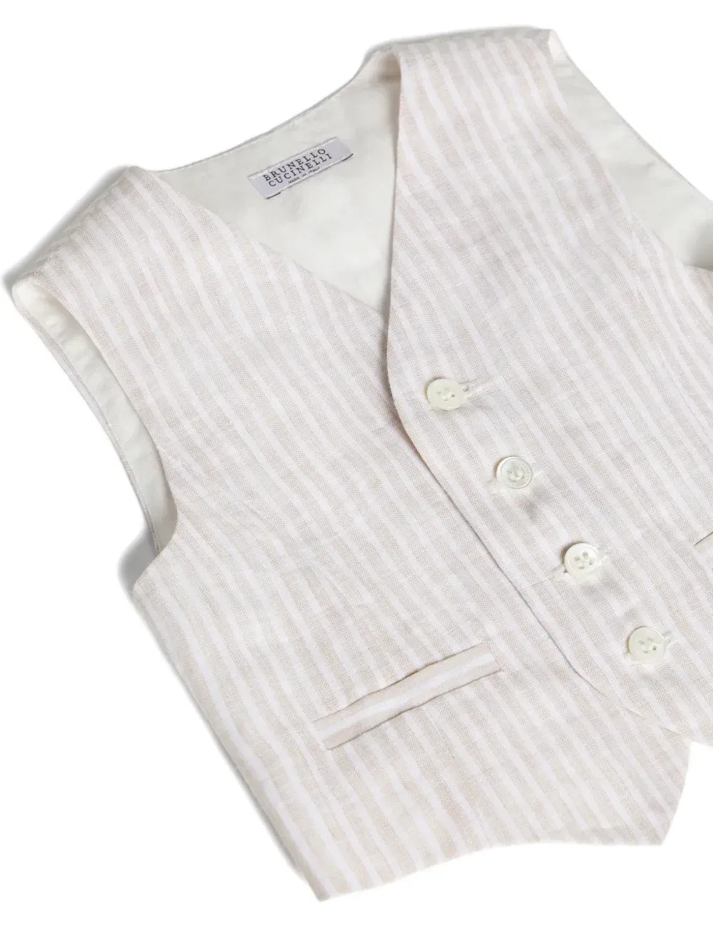 картинка Легкий жилет Baby Bernie в полоску Brunello Cucinelli Kids, бежевый от магазина Одежда+
