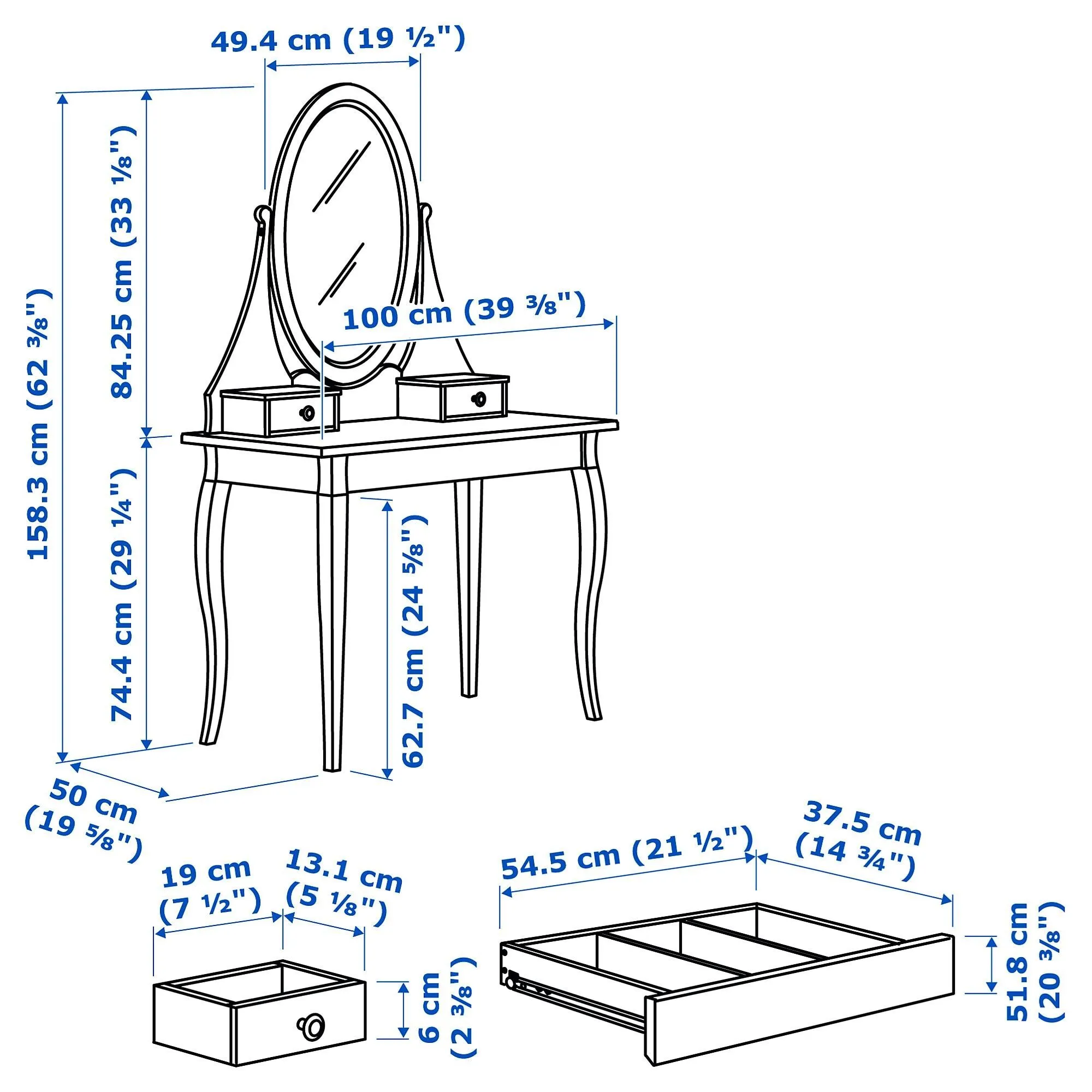 картинка Туалетный столик IKEA HEMNES, 100х50х159 см, белый от магазина Одежда+