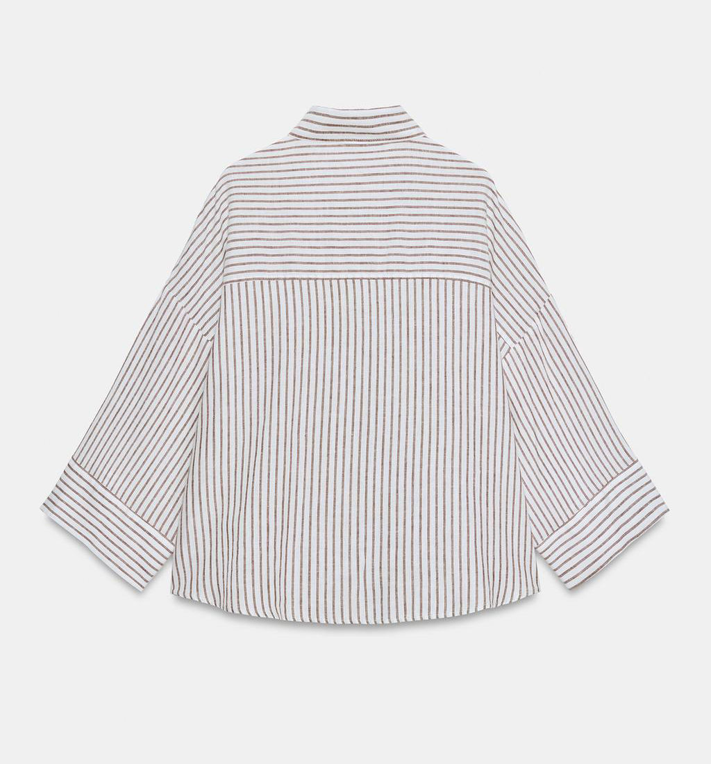 картинка Рубашка Zara Striped Linen Blend, белый/коричневый от магазина Одежда+