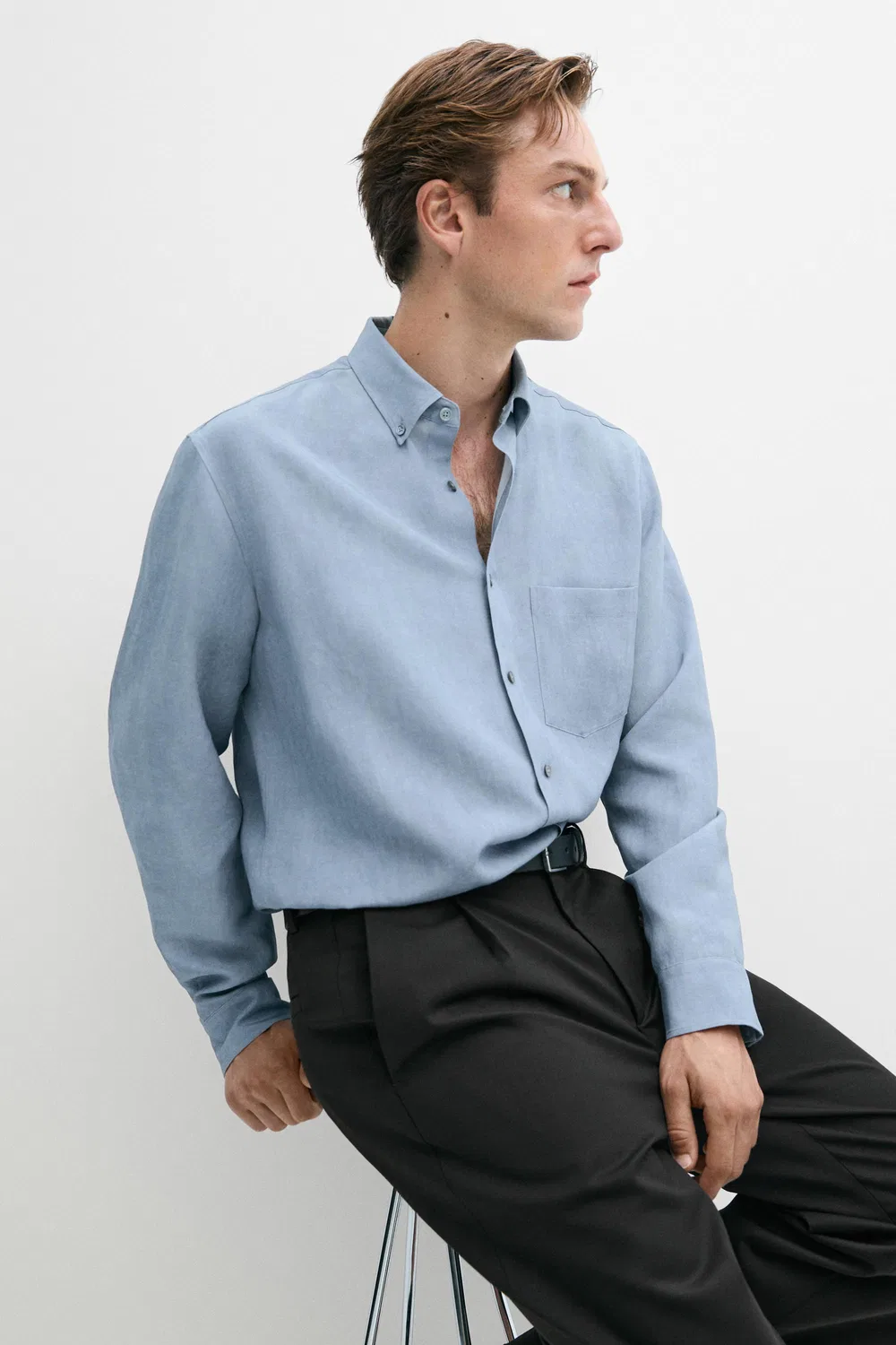 картинка Рубашка Massimo Dutti Flowing Regular Fit Lyocell-Linen, синий от магазина Одежда+